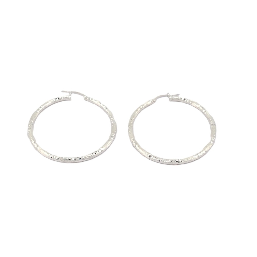 Sparkling Diamond-Cut Sterling Silver Textured Round Hoops Earring**